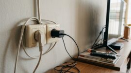 Ilustrasi colokan elektronik yang tetap terhubung ke stopkontak, memicu konsumsi listrik siaga (vampire load).(poto: AI).