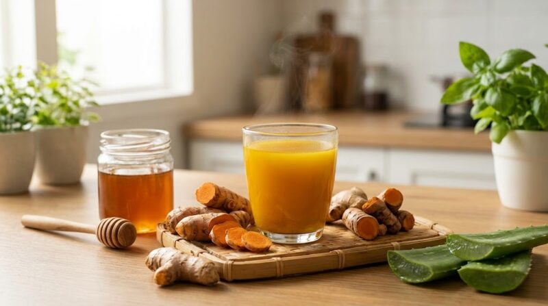Seduhan kunyit hangat, madu alami, dan lidah buaya yang ampuh meredakan gejala asam lambung serta maag.
