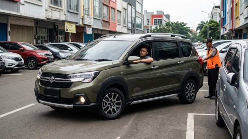 Pengemudi mobil bermanuver perlahan dibantu juru parkir saat parkir di ruang sempit area perkotaan padat.(poto: AI).