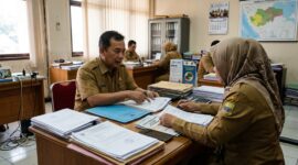 Ilustrasi Pegawai ASN di Jambi tampak berdiskusi serius mengenai rencana pengalihan gaji dari perbankan daerah ke koperasi.(poto: AI).