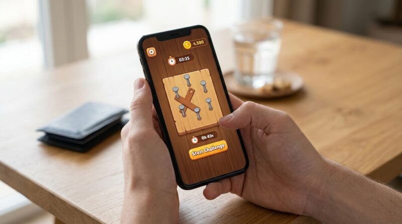 Ilustrasi Aktivitas bermain game teka-teki logika pengumpul koin digital di ponsel untuk mengisi waktu luang.(poto: AI).