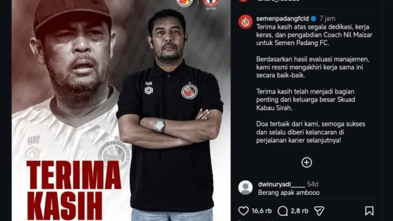 Pengumuman penghentian kerja sama antara Semen Padang FC dengan Nil Maizar usai kekalahan dari PSPS Pekanbaru.(poto: padangkita.com).