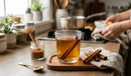 Secangkir teh rebusan kulit manis hangat dengan batang kayu manis dan madu di atas meja dapur.