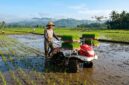 Petani mengoperasikan mesin penanam padi modern di lahan sawah dengan bantuan drone penyemprot udara.(poto: AI).