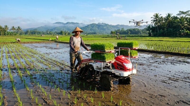 Petani mengoperasikan mesin penanam padi modern di lahan sawah dengan bantuan drone penyemprot udara.(poto: AI).