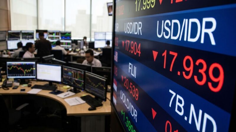 Ilustrasi: Kondisi pasar uang saat rupiah melemah ke Rp17.939 per dolar AS akibat sentimen eksternal dan geopolitik.(poto: AI).