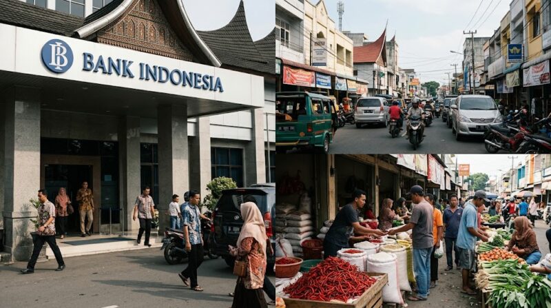 Ilustarsi Aktivitas kantor Bank Indonesia, lalu lintas kota, serta transaksi bahan pokok di pasar tradisional Sumatera Barat.(poto: AI).