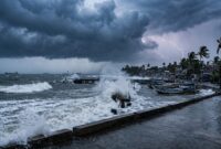 Ombak besar dan cuaca ekstrem menerjang pesisir pantai Indonesia seiring peringatan dini dari BMKG, Rabu (21/10/2026).(ilustrasi poto: AI).