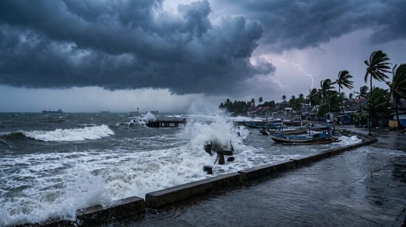 Ombak besar dan cuaca ekstrem menerjang pesisir pantai Indonesia seiring peringatan dini dari BMKG, Rabu (21/10/2026).(ilustrasi poto: AI).