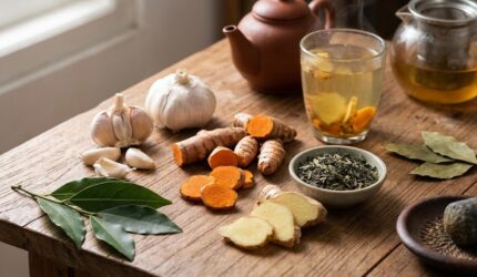 Bahan herbal alami penurun kolesterol jahat seperti bawang putih, jahe, kunyit, dan teh hijau di meja kayu.