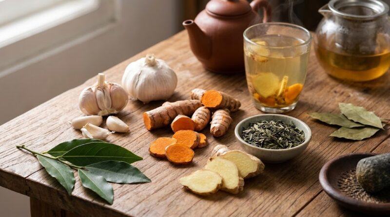 Deretan rempah herbal alami seperti kunyit, jahe, bawang putih, dan daun salam yang ampuh menurunkan kolesterol.