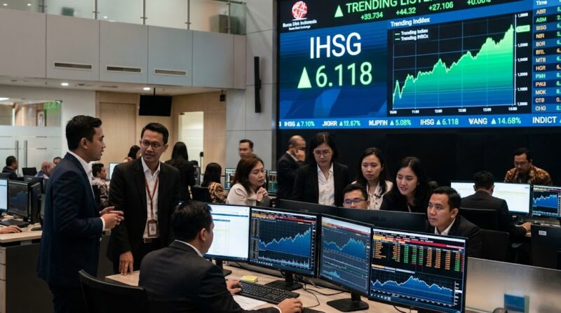 Aktivitas Bursa Efek Indonesia saat IHSG berpeluang menguat ke level 6.118 didorong sentimen global.(poto: AI).
