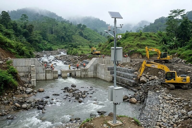 Ilustrasi: Pembangunan sabo dam & EWS di Sungai Batang Baliang, Solok, untuk mitigasi galodo.(poto: AI).