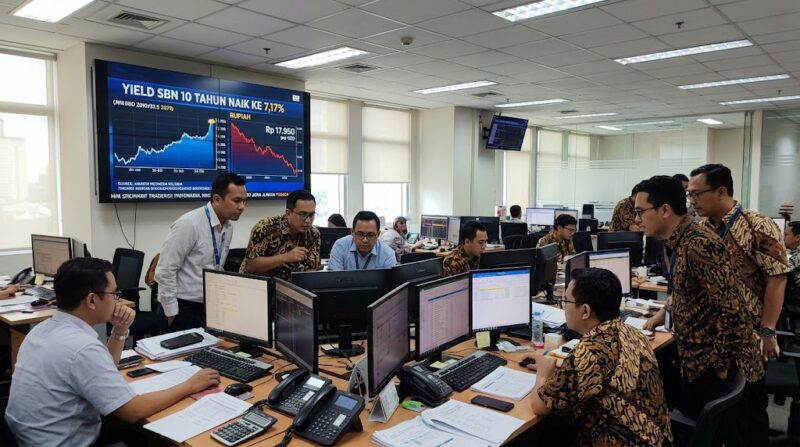Ilustrasi: Suasana sibuk di ruang transaksi saat para analis memantau pergerakan pasar obligasi dan rupiah yang melemah.(poto: AI).