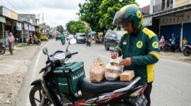 Ilustrasi: Pengemudi ojol menata paket dan makanan di motor di Jakarta. Aturan tarif baru Komdigi segera terbit akhir 2026.(poto: AI).