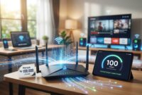Ilustrasi perangkat router Wi-Fi berkecepatan 100 Mbps dengan target tarif terjangkau Rp100 ribu per bulan.(poto: AI).