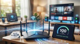 Ilustrasi perangkat router Wi-Fi berkecepatan 100 Mbps dengan target tarif terjangkau Rp100 ribu per bulan.(poto: AI).
