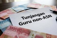 Ilustrasi pencairan dana tunjangan guru non-ASN dengan tumpukan uang Rupiah dan dokumen resmi di meja kerja.(Poto: AI).
