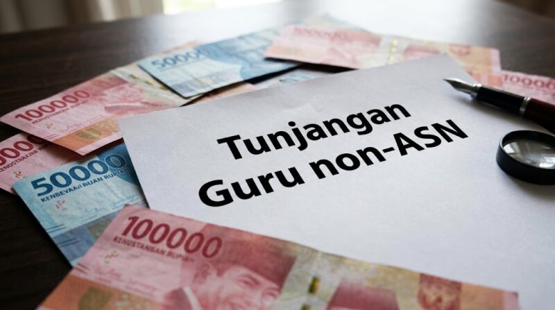 Ilustrasi pencairan dana tunjangan guru non-ASN dengan tumpukan uang Rupiah dan dokumen resmi di meja kerja.(Poto: AI).
