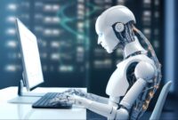 Robot humanoid putih canggih duduk mengetik di depan komputer dalam ruangan data center yang futuristik.(poto: ceosite.co.id).