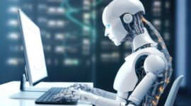 Robot humanoid putih canggih duduk mengetik di depan komputer dalam ruangan data center yang futuristik.(poto: ceosite.co.id).