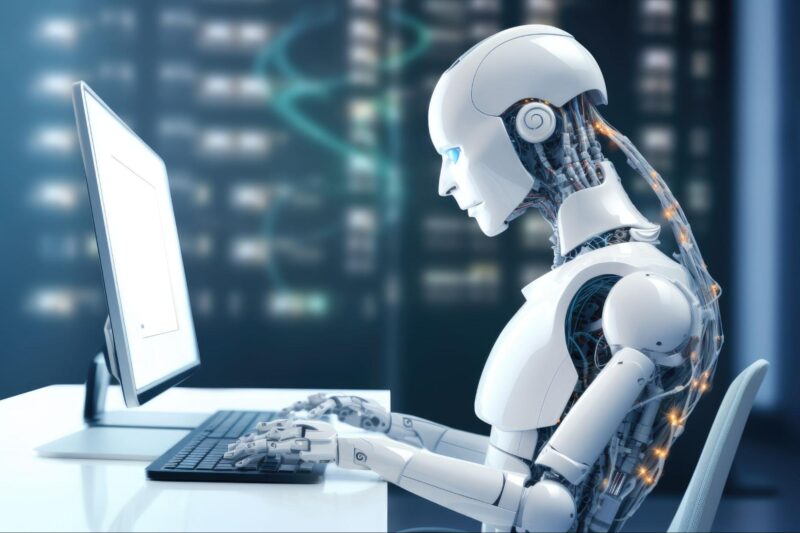 Robot humanoid putih canggih duduk mengetik di depan komputer dalam ruangan data center yang futuristik.(poto: ceosite.co.id).