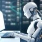 Robot humanoid putih canggih duduk mengetik di depan komputer dalam ruangan data center yang futuristik.(poto: ceosite.co.id).